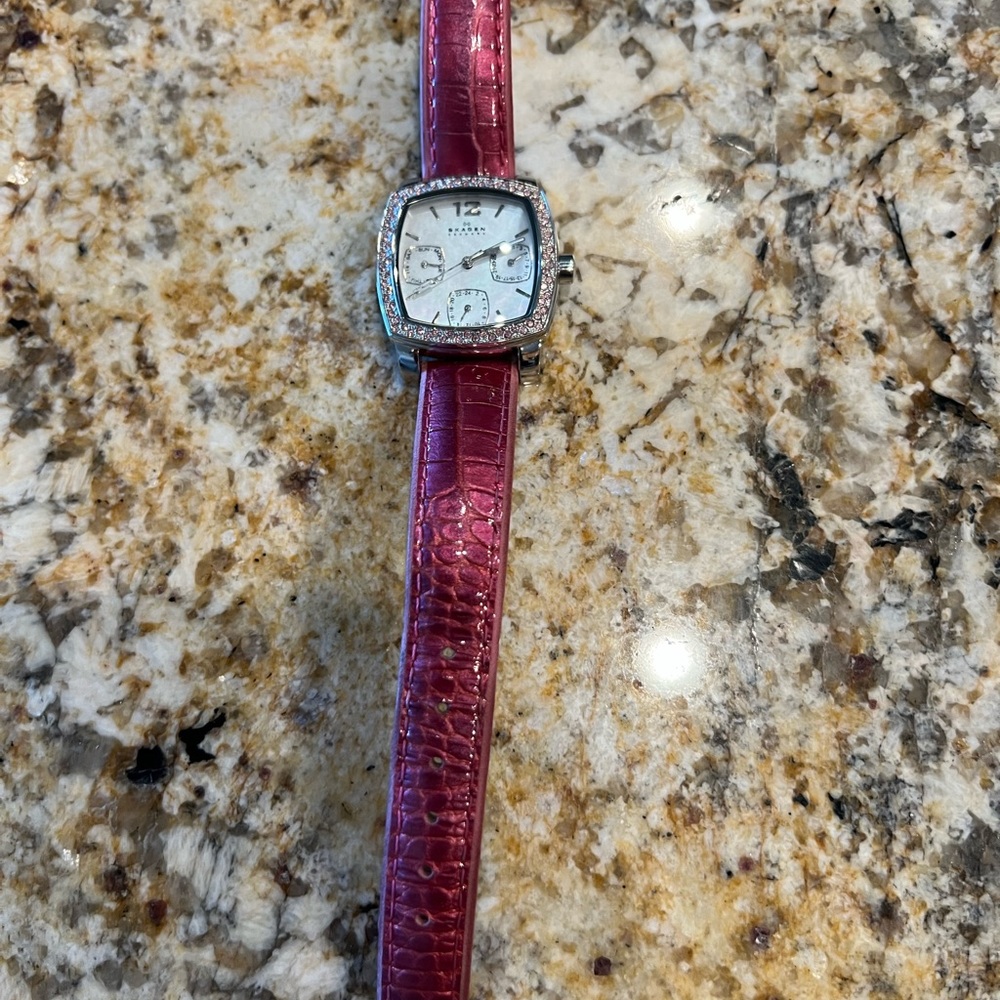 Skagen Denmark croc embossed leather strap, stainless steel and CZ crystals.